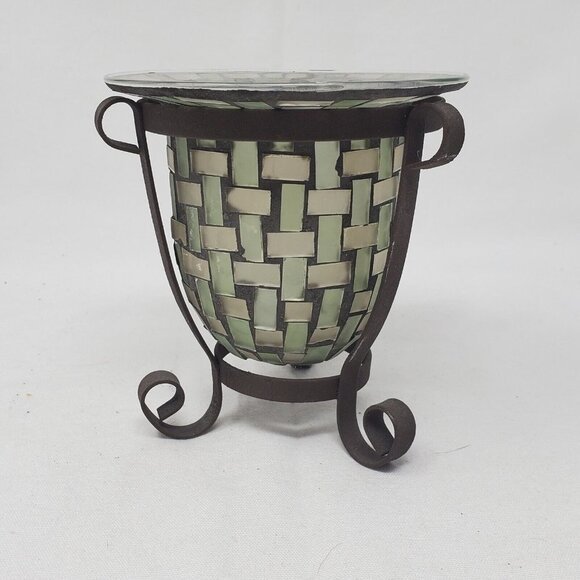 MOSAIC GLASS VOTIVE TEA LIGHT CANDLE HOLDER WITH BROWN METAL STAND - Picture 2 of 11